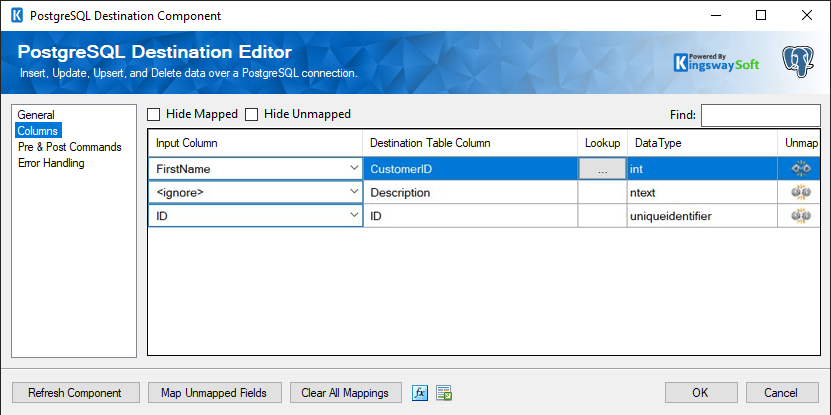 PostgreSQL Destination - Columns Page